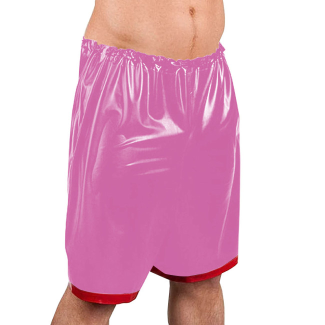 Men Wetlook PVC Leather Knee-length Shorts Elastic Waistband Patchwork Hot Pants Glossy Boxer Shorts Exotic Nightclub Bottoms