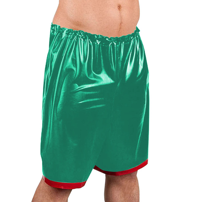 Men Wetlook PVC Leather Knee-length Shorts Elastic Waistband Patchwork Hot Pants Glossy Boxer Shorts Exotic Nightclub Bottoms