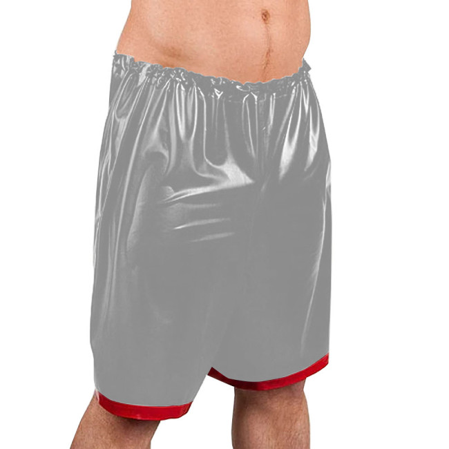 Men Wetlook PVC Leather Knee-length Shorts Elastic Waistband Patchwork Hot Pants Glossy Boxer Shorts Exotic Nightclub Bottoms