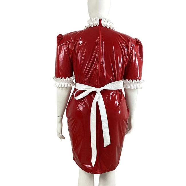 Glossy Faux Latex French Maid Servant Uniform Sissy Ruffles Turtleneck Short Sleeve Knee-length Dress With apron Cosplay Outfits