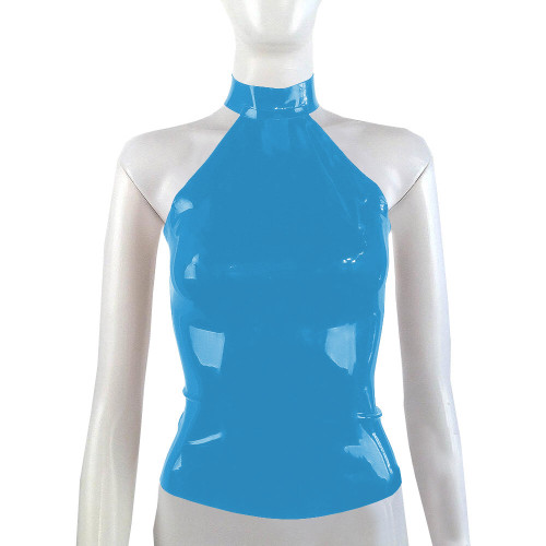 Womens Halter Neck Sleeveless T-shirt Wetlook PVC Leather Backless Camisole Pole Dancing Costume Sexy Party Glossy Tanks Tops