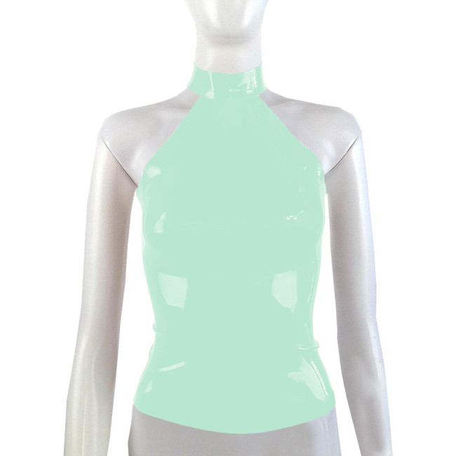 Womens Halter Neck Sleeveless T-shirt Wetlook PVC Leather Backless Camisole Pole Dancing Costume Sexy Party Glossy Tanks Tops