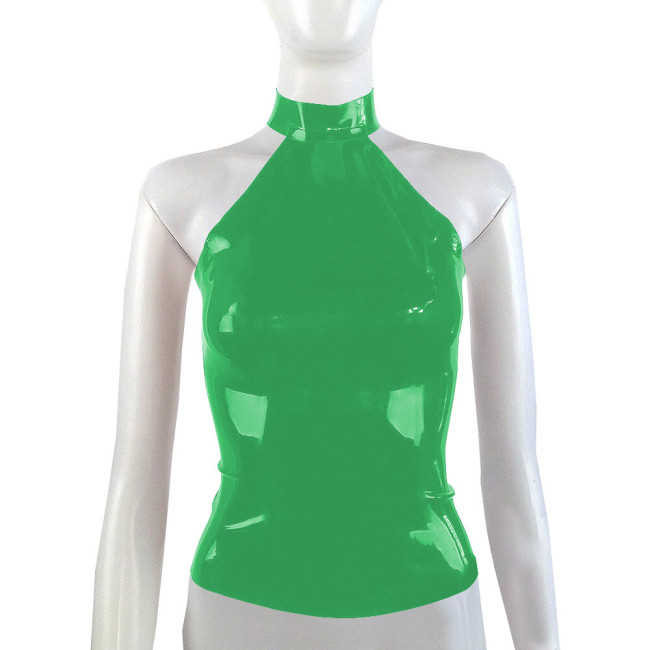 Womens Halter Neck Sleeveless T-shirt Wetlook PVC Leather Backless Camisole Pole Dancing Costume Sexy Party Glossy Tanks Tops