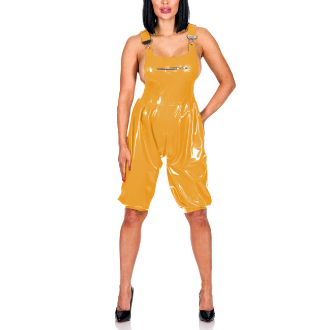 New Fashion Suspenders Pants Patent Leather Bust Zipper Overall Adjustable Suspenders Zipper Crotch Jumpsuit PVC Romper