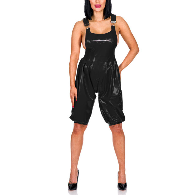 New Fashion Suspenders Pants Patent Leather Bust Zipper Overall Adjustable Suspenders Zipper Crotch Jumpsuit PVC Romper