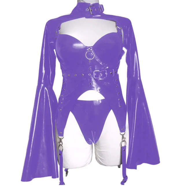 Japanese Style Gothic Patent Leather Fashion Top Set Puff Long Flare Sleeve Shirt with Corset and Underwear Vintage Clubwear 7xl