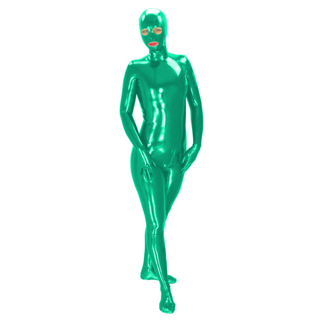 Latex Look Catsuit Unisex Full Body with mask Wet Look PVC Catsuit Long Sleeve Shiny PU Leather Zipper Open Crotch Leotard