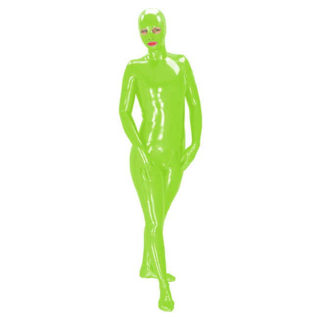Latex Look Catsuit Unisex Full Body with mask Wet Look PVC Catsuit Long Sleeve Shiny PU Leather Zipper Open Crotch Leotard