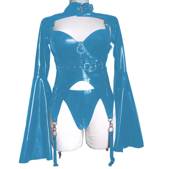 Japanese Style Gothic Patent Leather Fashion Top Set Puff Long Flare Sleeve Shirt with Corset and Underwear Vintage Clubwear 7xl