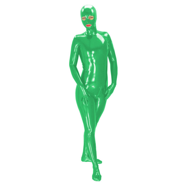 Latex Look Catsuit Unisex Full Body with mask Wet Look PVC Catsuit Long Sleeve Shiny PU Leather Zipper Open Crotch Leotard