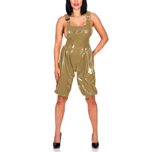New Fashion Suspenders Pants Patent Leather Bust Zipper Overall Adjustable Suspenders Zipper Crotch Jumpsuit PVC Romper