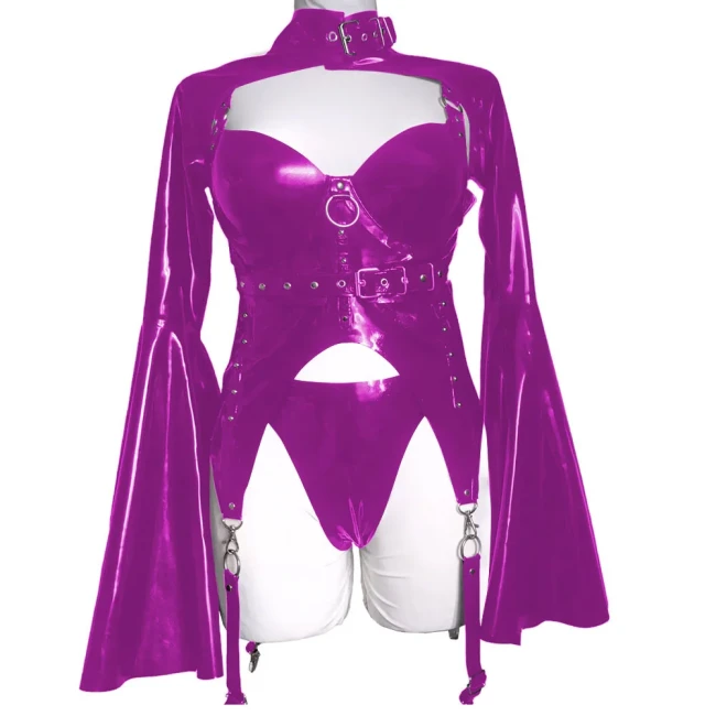Japanese Style Gothic Patent Leather Fashion Top Set Puff Long Flare Sleeve Shirt with Corset and Underwear Vintage Clubwear 7xl