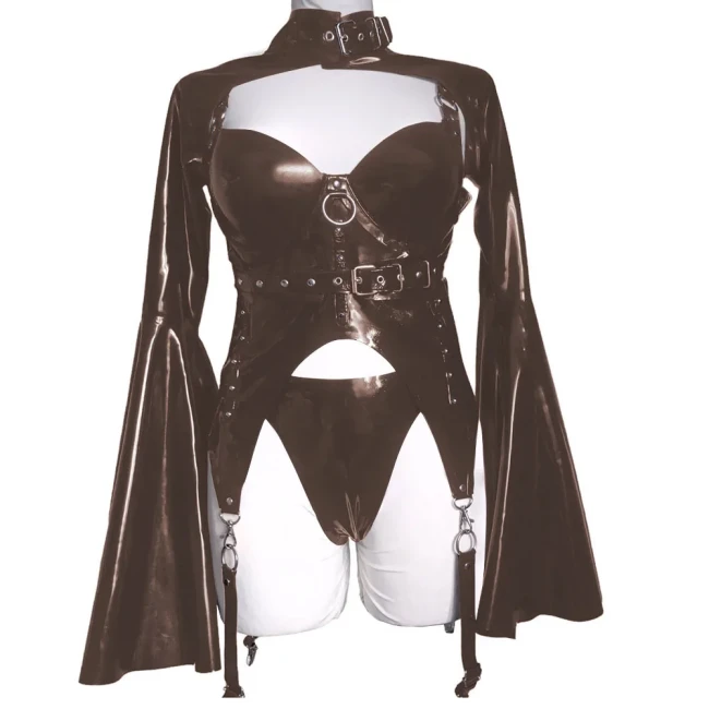 Japanese Style Gothic Patent Leather Fashion Top Set Puff Long Flare Sleeve Shirt with Corset and Underwear Vintage Clubwear 7xl