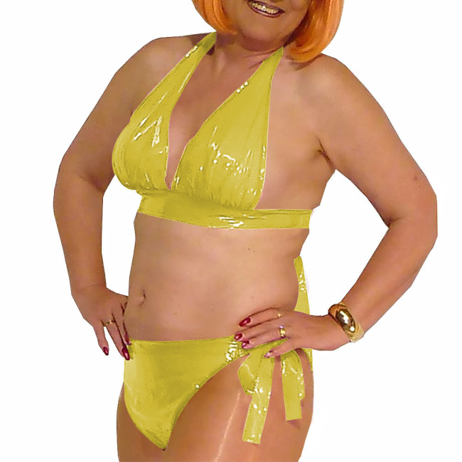 Sissy Sexy Clear PVC Lingеrie Set Exotic Transparent Plastic V-neck Bra Top with Briefs Fetish Lace-up Bikini Suits Underwear