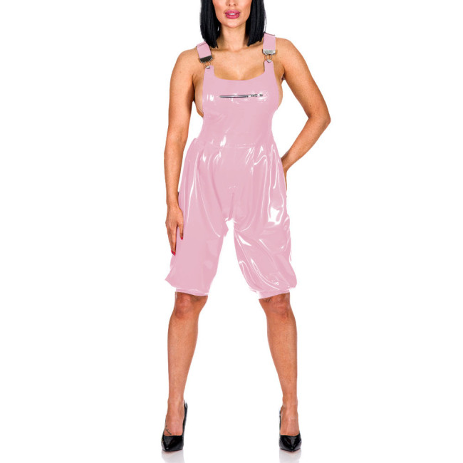 New Fashion Suspenders Pants Patent Leather Bust Zipper Overall Adjustable Suspenders Zipper Crotch Jumpsuit PVC Romper