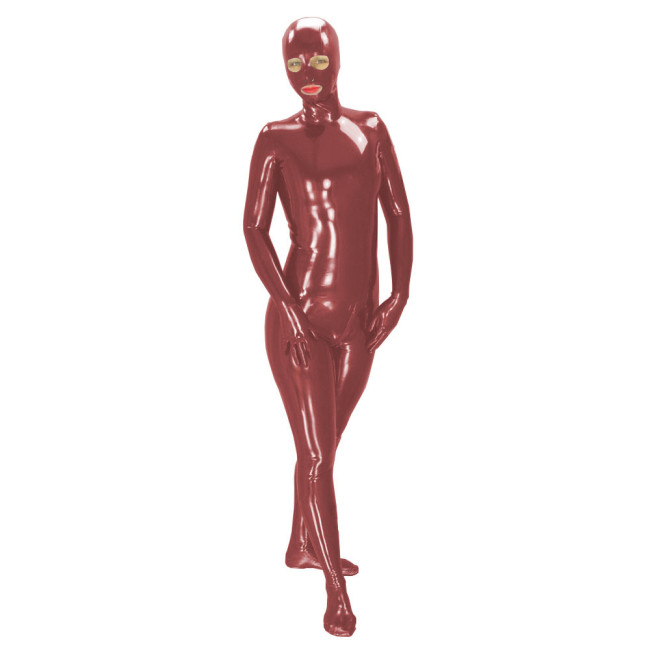 Latex Look Catsuit Unisex Full Body with mask Wet Look PVC Catsuit Long Sleeve Shiny PU Leather Zipper Open Crotch Leotard
