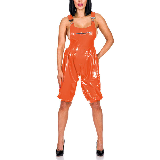 New Fashion Suspenders Pants Patent Leather Bust Zipper Overall Adjustable Suspenders Zipper Crotch Jumpsuit PVC Romper