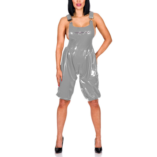 New Fashion Suspenders Pants Patent Leather Bust Zipper Overall Adjustable Suspenders Zipper Crotch Jumpsuit PVC Romper