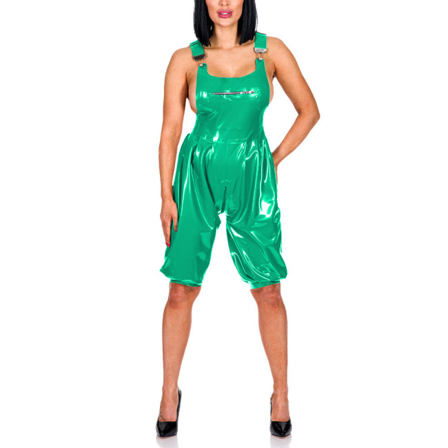 New Fashion Suspenders Pants Patent Leather Bust Zipper Overall Adjustable Suspenders Zipper Crotch Jumpsuit PVC Romper
