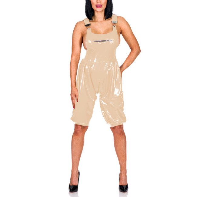 New Fashion Suspenders Pants Patent Leather Bust Zipper Overall Adjustable Suspenders Zipper Crotch Jumpsuit PVC Romper