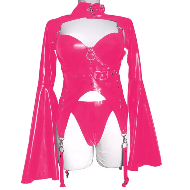 Japanese Style Gothic Patent Leather Fashion Top Set Puff Long Flare Sleeve Shirt with Corset and Underwear Vintage Clubwear 7xl