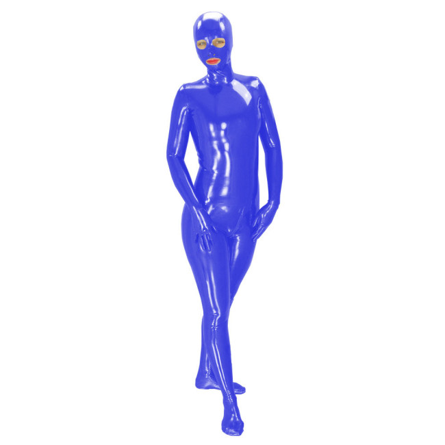 Latex Look Catsuit Unisex Full Body with mask Wet Look PVC Catsuit Long Sleeve Shiny PU Leather Zipper Open Crotch Leotard