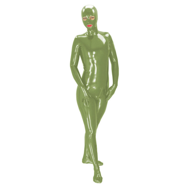 Latex Look Catsuit Unisex Full Body with mask Wet Look PVC Catsuit Long Sleeve Shiny PU Leather Zipper Open Crotch Leotard