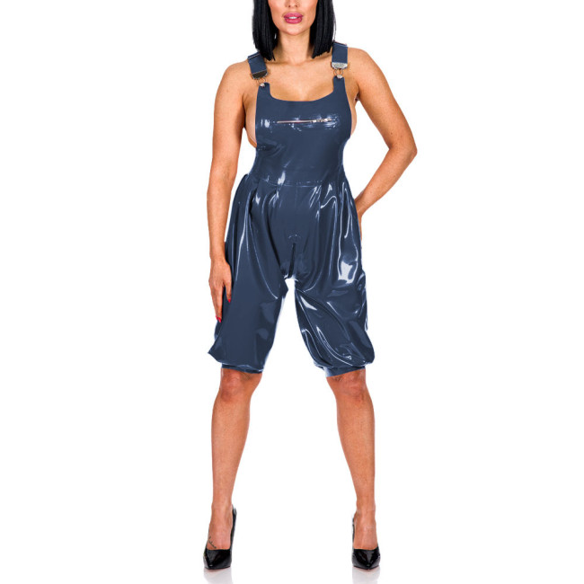 New Fashion Suspenders Pants Patent Leather Bust Zipper Overall Adjustable Suspenders Zipper Crotch Jumpsuit PVC Romper