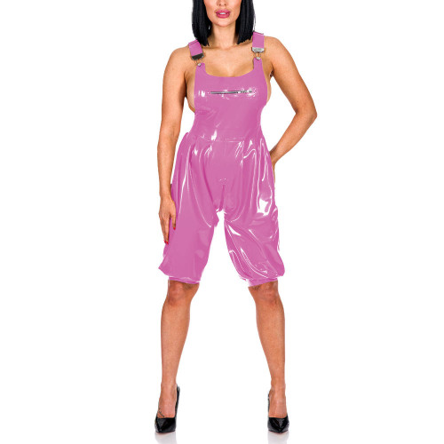 New Fashion Suspenders Pants Patent Leather Bust Zipper Overall Adjustable Suspenders Zipper Crotch Jumpsuit PVC Romper