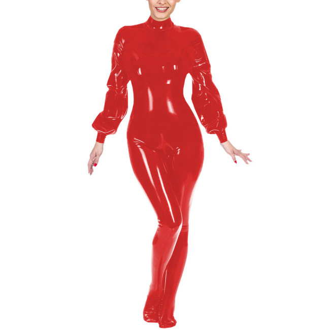 Ladies Club Jumpsuit Fashion Lantern Sleeves Bondage Footed Catsuit Wetlook Patent Leather Zentai Zipper Open Crotch Bodysuit