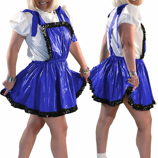 New College PVC Shiny Mini Skirt with Bib Lolita Ruffles A-line Pleated Skirts Sissy Sexy Backless Straps Short Dress Streetwear