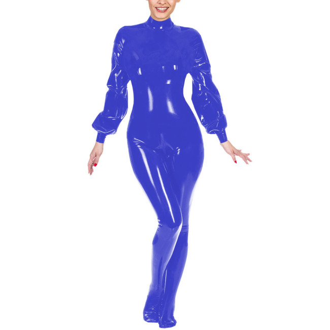 Ladies Club Jumpsuit Fashion Lantern Sleeves Bondage Footed Catsuit Wetlook Patent Leather Zentai Zipper Open Crotch Bodysuit