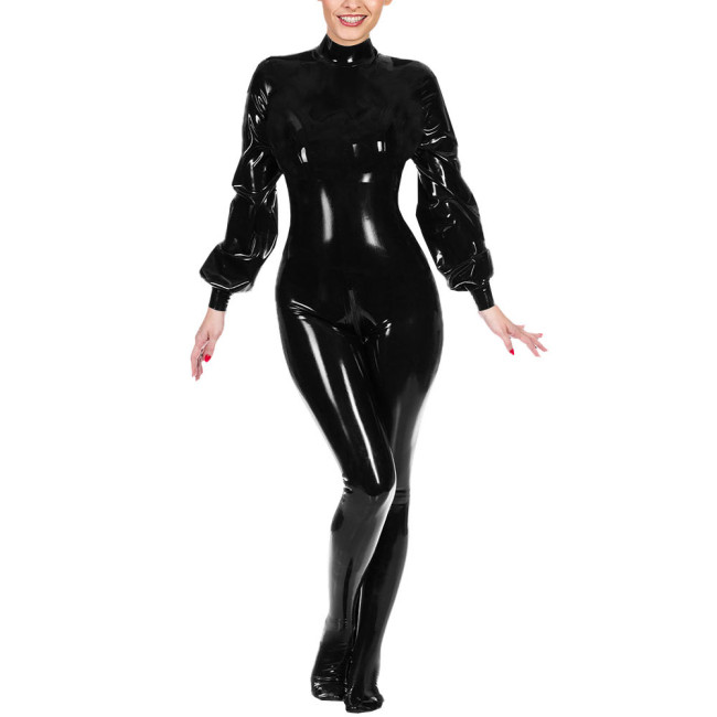 Ladies Club Jumpsuit Fashion Lantern Sleeves Bondage Footed Catsuit Wetlook Patent Leather Zentai Zipper Open Crotch Bodysuit
