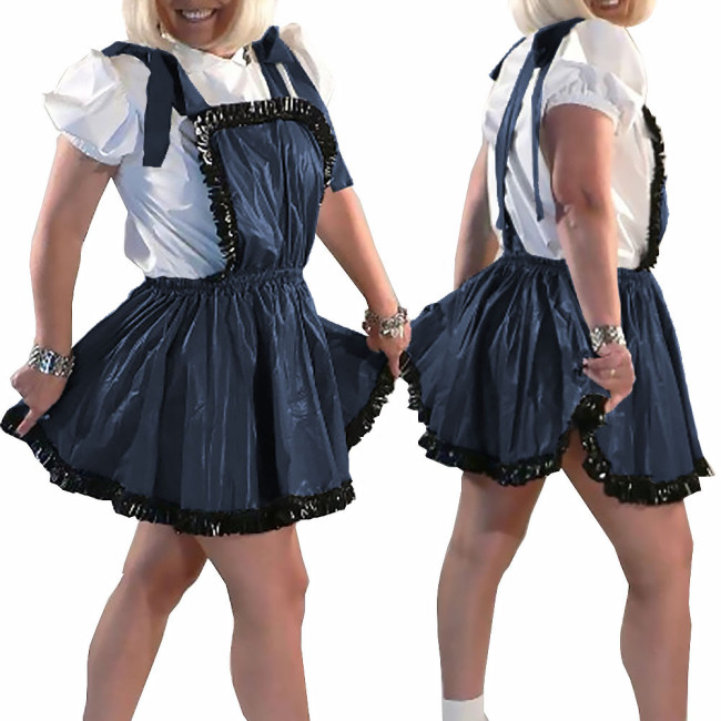 New College PVC Shiny Mini Skirt with Bib Lolita Ruffles A-line Pleated Skirts Sissy Sexy Backless Straps Short Dress Streetwear