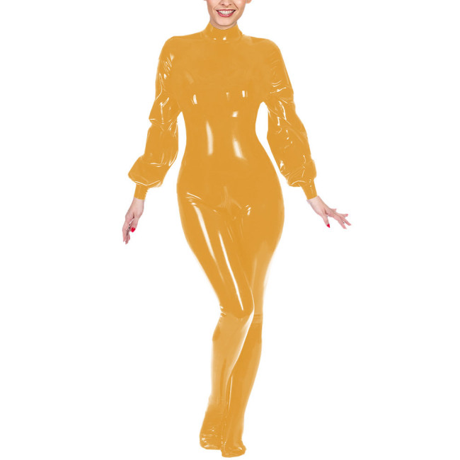 Ladies Club Jumpsuit Fashion Lantern Sleeves Bondage Footed Catsuit Wetlook Patent Leather Zentai Zipper Open Crotch Bodysuit