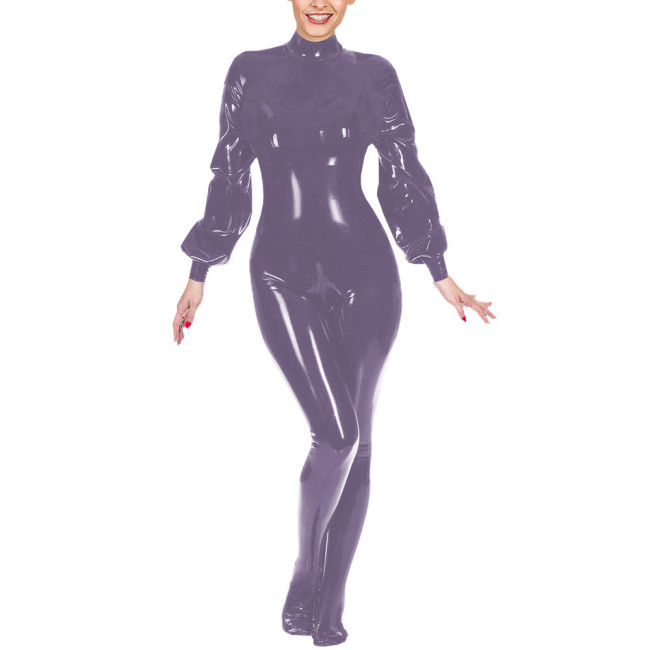 Ladies Club Jumpsuit Fashion Lantern Sleeves Bondage Footed Catsuit Wetlook Patent Leather Zentai Zipper Open Crotch Bodysuit