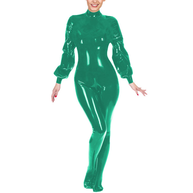 Ladies Club Jumpsuit Fashion Lantern Sleeves Bondage Footed Catsuit Wetlook Patent Leather Zentai Zipper Open Crotch Bodysuit