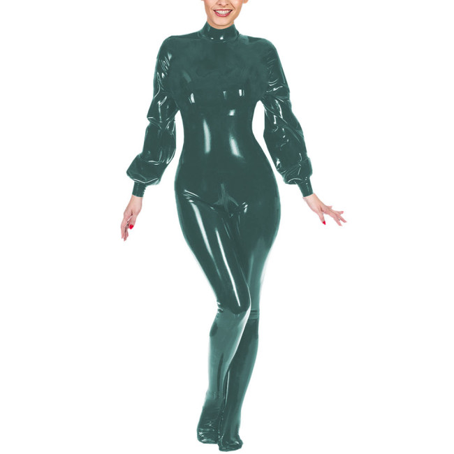 Ladies Club Jumpsuit Fashion Lantern Sleeves Bondage Footed Catsuit Wetlook Patent Leather Zentai Zipper Open Crotch Bodysuit