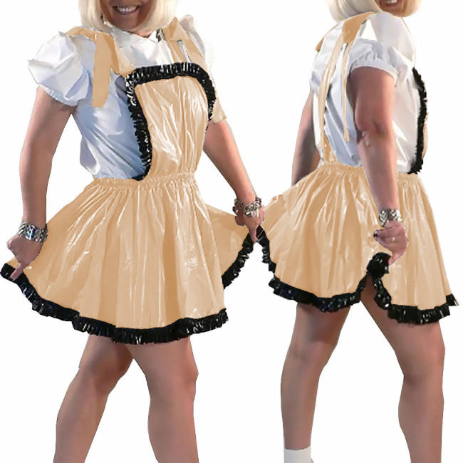 New College PVC Shiny Mini Skirt with Bib Lolita Ruffles A-line Pleated Skirts Sissy Sexy Backless Straps Short Dress Streetwear