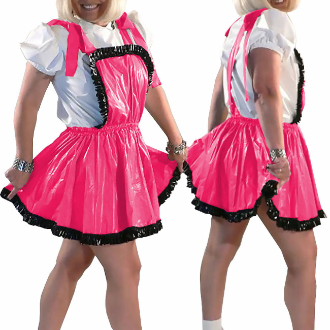 New College PVC Shiny Mini Skirt with Bib Lolita Ruffles A-line Pleated Skirts Sissy Sexy Backless Straps Short Dress Streetwear