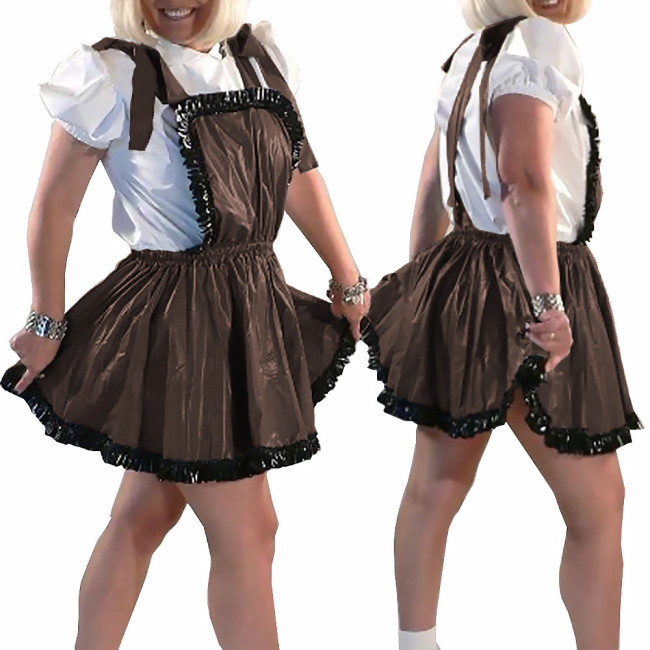 New College PVC Shiny Mini Skirt with Bib Lolita Ruffles A-line Pleated Skirts Sissy Sexy Backless Straps Short Dress Streetwear