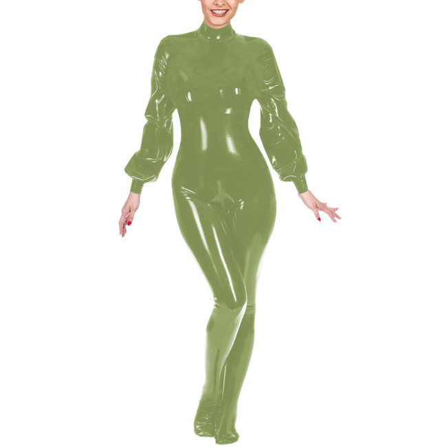 Ladies Club Jumpsuit Fashion Lantern Sleeves Bondage Footed Catsuit Wetlook Patent Leather Zentai Zipper Open Crotch Bodysuit