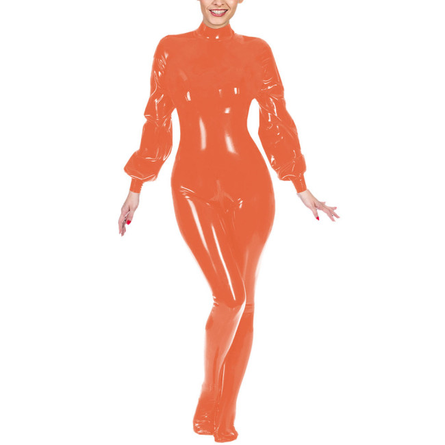 Ladies Club Jumpsuit Fashion Lantern Sleeves Bondage Footed Catsuit Wetlook Patent Leather Zentai Zipper Open Crotch Bodysuit