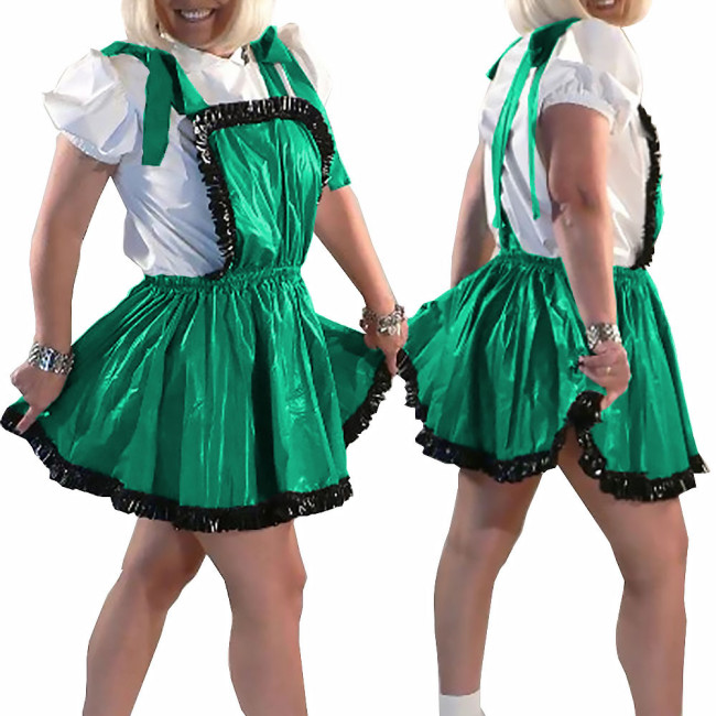 New College PVC Shiny Mini Skirt with Bib Lolita Ruffles A-line Pleated Skirts Sissy Sexy Backless Straps Short Dress Streetwear