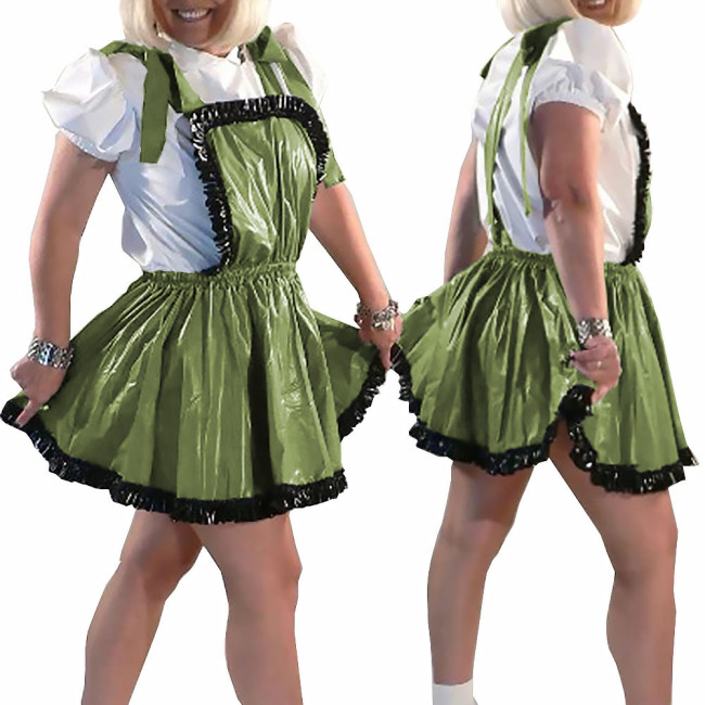 New College PVC Shiny Mini Skirt with Bib Lolita Ruffles A-line Pleated Skirts Sissy Sexy Backless Straps Short Dress Streetwear