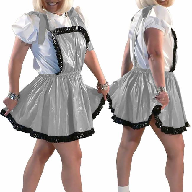 New College PVC Shiny Mini Skirt with Bib Lolita Ruffles A-line Pleated Skirts Sissy Sexy Backless Straps Short Dress Streetwear