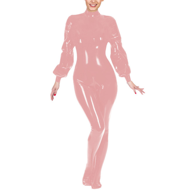 Ladies Club Jumpsuit Fashion Lantern Sleeves Bondage Footed Catsuit Wetlook Patent Leather Zentai Zipper Open Crotch Bodysuit