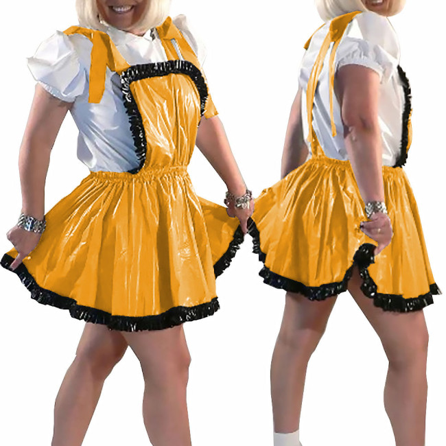 New College PVC Shiny Mini Skirt with Bib Lolita Ruffles A-line Pleated Skirts Sissy Sexy Backless Straps Short Dress Streetwear