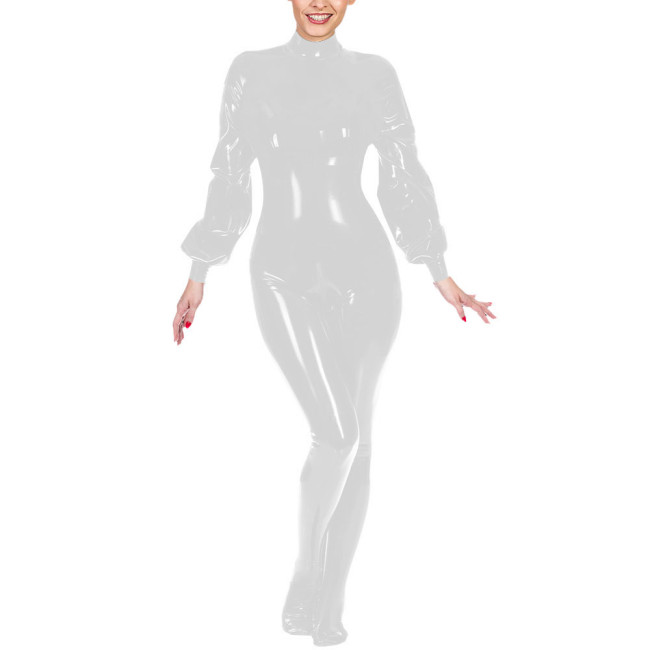 Ladies Club Jumpsuit Fashion Lantern Sleeves Bondage Footed Catsuit Wetlook Patent Leather Zentai Zipper Open Crotch Bodysuit