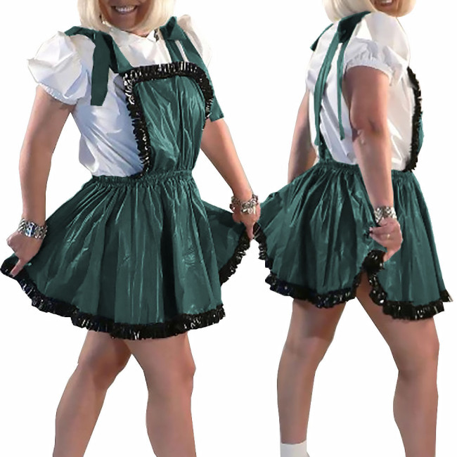 New College PVC Shiny Mini Skirt with Bib Lolita Ruffles A-line Pleated Skirts Sissy Sexy Backless Straps Short Dress Streetwear